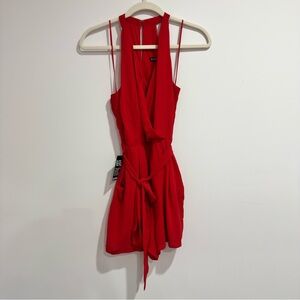 Express Vibrant Red Wrap Front Romper with Tie Waist